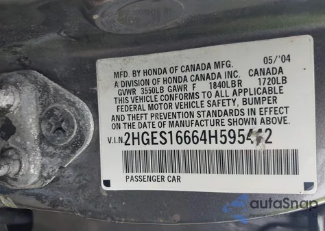 2004 Honda Civic Lx z USA, uszkodzony, nr VIN 2HGES16664H595442
